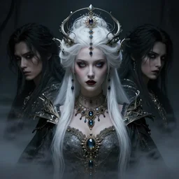 a beautiful white haired queen, adorned with precious stone jewelry, intricate concept art, ominous, sinister dark fantasy, misty, dramatic lighting, dark background, octane render, 8 k, ruan jia and tom bagshaw and alphonse mucha