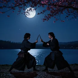 solitary moonlight samurai duel featuring enrico letta vs matteo salvini, moonlight lake, starry sky and dark cherry blossoms falling
