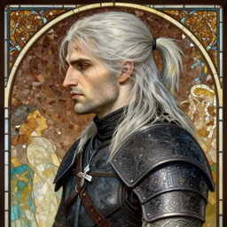 beautiful and detailed portrait of geralt from the witcher 3, profile view, side view, calm, white hair in a half ponytail, forehead - scar, kaer morhen armor, brown mosaic background, stained glass art, by alphone mucha, very masterful
