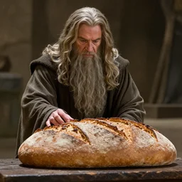 a scene from Lord of the Rings with Gandalf as a loaf of bread