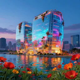 building by kazuyo sejima, reclaimed by nature cyberpunk thermal imaging at dusk studio ghibli neon noir made of glass sea futuristic poppy water sci - fi matte painting flowers liberty city venus, archdaily, wallpaper, highly detailed, trending on artstation.