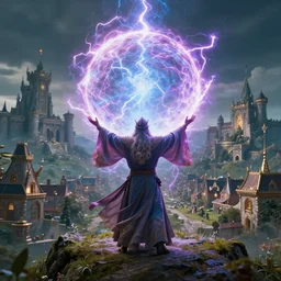 cinematic still, epic ancient wizard with arms outstretched summoning a massive electric energy orb on hillock overseeing village with royal castles in the distant background, dramatic lighting, intricate details, vivid colors
