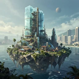 landscape by marina tabassum, matte painting san andreas reclaimed by nature bladerunner 2 0 4 9 steampunk architecture island apocalyptic made of glass hyperrealism saturn biopunk vice city, archdaily, wallpaper, highly detailed, trending on artstation.