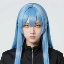 full face shot of rimuru tempest, sky blue straight hair, long bangs, with amber eyes, gold eyes, wearing a black jacket, high collar, ultra detailed, concept art, award winning photography, digital painting, cinematic, wlop artstation, closeup, pixiv, evil, yoshitaka amano, andy warhol, ilya kuvshinov,