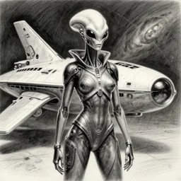 portrail of female alien from the oldest galaxy posing in front of sleek alien spacecraft, realistic pencil and ink, dramatic lighting, photo real quality, greg rutkowski and jose vergara