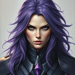 perfectly centered portrait, front view of a beautiful woman in bionic amethyst armor, female, flowing purple hair, intense stare, stoic, symmetrical, concept art, intricate detail, volumetric shadows and lighting, realistic oil painting by tim hildebrandt, magic the gathering style,
