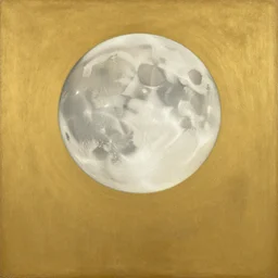 achingly beautiful painting of the moon on a gold background by rene magritte, monet, and turner.