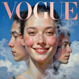 3 d, sci - fi, close - up, morning, smiling fashion model face with rare skin disease, cinematic, clouds, steam, vogue cover style, poster art, blue mood, realistic painting, intricate oil painting, high detail illustration, figurative art, multiple exposure, poster art, by tooth wu and wlop and beeple and greg rutkowski and by igor morski and mike winkelmann