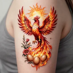 tatoo of phoenix in fire, sun, flowers, Venus, feminism, eggs, hip hop, rap