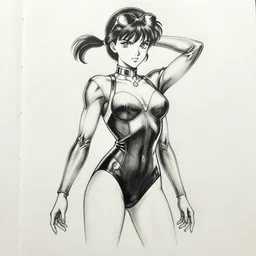 masterful professional ink pen liner sketch of a 1 9 9 0 s manga style posing in latex leotard, marvel style, concept art, fine details, crosshatching, trending on artstation, high quality paper, instagram photo. art university academy work, gnomon, calarts, disney pixar