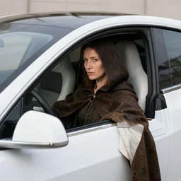 a woman in a hooded cloak, in a tesla, color photograph, by jan van eyck, canon eos c 3 0 0, ƒ 1. 8, 3 5 mm, 8 k, medium - format print