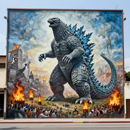 godzilla portrait wide mural by diego rivera with crowds, small fires, activity