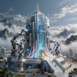 cult of technology, exterior of scifi temple, machines, robots, ultra realistic, transparent labs, computers, highly detailed, mountains, clouds, futuristic landscape, city, atmosphere, masterpiece, holy place, epic lighting, glowing wires, mysterious, illuminated, 4 k, cinematic, art by patryk olkiewicz and chris ostrowski and liang yao