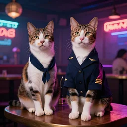 calico cats, navy pilot dress uniform, 8 0 s nightclub, neon lighting, 3 5 mm, f / 2. 8