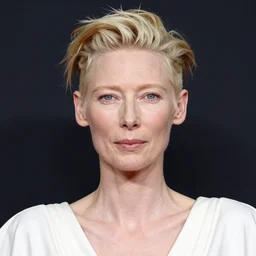 the close - up portrait photo of tilda swinton weared in white dress in black studio