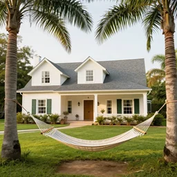 a great farmhouse with palm trees and a hamock