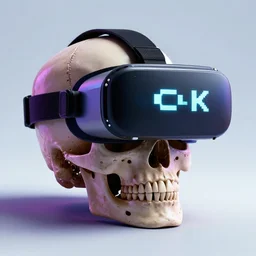 a skull with a vr headset in a cyberpunk aesthetic, 4 k, with the exact word pixel written on the headset