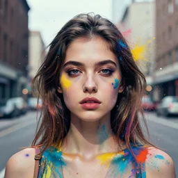portrait of a beautiful girl, matte scene of a city in the background, beautiful face, rule of thirds, face symmetry, colourful spray paint splatters, expressive, passionate, by greg rutkowski, by jeremy mann, by francoise nielly, 4 k, 8 k, correct body proportion, cinematic style