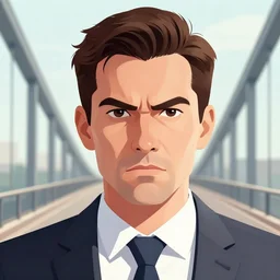 closeup portrait an angry business man standing on a bridge, detailed illustration, digital art, trending on artstation, martin ansin,,
