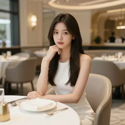 very beautiful hyperrealistic. a girl sitting in a luxurious. in the restaurant. there is a cherry next to a large bouquet of dark red roses.