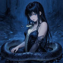 beautiful seductive snake - girl, in the rain, highly detailed, painting, dark blue and black color palette, intricate, high quality anime artstyle, in the style of ilya kuvshinov