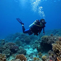 a diver spearfishing in a coral reef, dslr, high definition