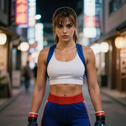 portrait photograph of an extremely beautiful!!!! blanka from street fighter. standing on a japanese neon lit street. looking at the camera!!. super resolution. extremely detailed. graflex camera!, bokeh!!!!! trending on artstation.