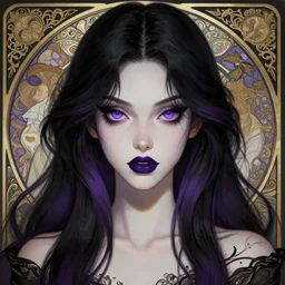 american evil girl black - purple long hair, tane skin, purple eyes, dark purple lips, intricate, elegant, highly detailed, my rendition, digital painting, artstation, concept art, smooth, sharp focus, illustration, art by artgerm and greg rutkowski and alphonse mucha and uang guangjian and gil elvgren and sachin teng, symmetry!!