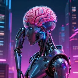cyberpunk robot with brain integrated with scifi city, rendered in arnold engine, high detailed, 8k, trending on artstation cyberpunk 2099 blade runner 2049 neon