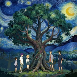 tree of life, starry night, trending on artstation, pixiv, hyperdetailed Unreal Engine 4k 8k ultra HD, Stanley Artgerm Lau, WLOP, Rossdraws, James Jean Marc Simonetti Ruan Jia and Mandy Jurgens and Artgerm and William-Adolphe Bouguerea Sakimichan, yuru camp, illustration, digital art, concept art