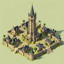 an isometric map of a medieval fantasy city with a tall wizard's tower in the center - h 7 0 4