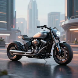 a render of a futuristic hover bike, harley davidson motorbike, 2070, futuristic cityscape, HD photography, cinematic lighting, movie shot,