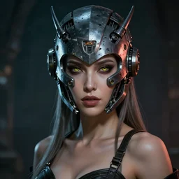 sexy beautiful woman with snake eyes, head made of mech mask rendered in unreal engine, movie shot from the witcher, cyberpunk universum, dark scifi, painted by carne griffiths and beksinski