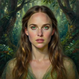 Portrait of Natalie Portman as a dryad, characteristic sparkling green eyes, looking straight to the camera, illuminated for rays of light, behind her is an ancient forest full of life, by Annie Leibovitz, Ellie Victoria Gale and Steve McCurry, matte painting, oil painting, naturalism, 4k, 8k