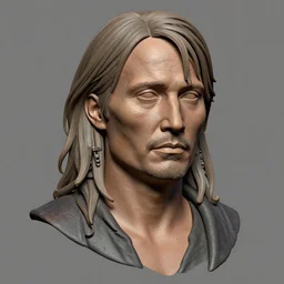 masterpiece zbrush sculpture of a realistic portrait of mads mikkelsen as a pirate, likeness, high quality, clay render, ambient occlusion, anatomy, human face