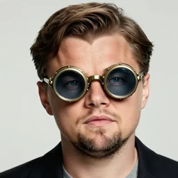 leonardo dicraprio wearing big steampunk googles, colored photo by gustave baumann
