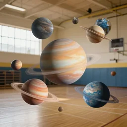 planets floating in a school gym. 8k resolution photograph, national geographic footage.