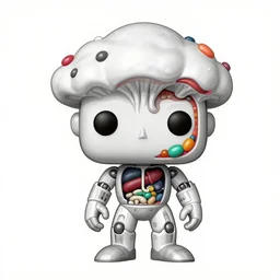 Simple bionic exploded drawing, crossection funko pop toyfigure robot fungus sculpture, jellybeans, organs, kidney, by david lachapelle, by angus mckie, by rhads, in a dark empty black studio hollow, c4d, at night, rimlight, c4d, by jonathan ivy, by alex grey, Haeckel