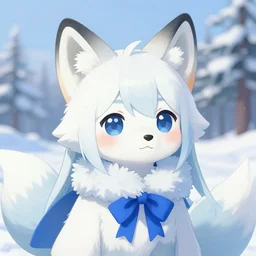 a cute anthropomorphic arctic fox girl anthro wearing an indigo ribbon, winter park background, very anime!!! kawaii!! furry!! intricate details, aesthetically complementary colors, scenic background, art by rising artists with a radically new style. trending on artstation, top rated on pixiv and furaffinity