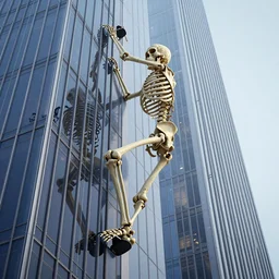 large human skeleton going up the side of a skyscraper using his hands, skeleton climbing, 8 k, volumetric lighting, epic scale, surrealism, hyperrealistic, aesthetic octane render