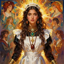pulp art, gorgeous maid, long hair turkish russian girl at shaman ritual, wooden jewerly, elegant, vibrant, smooth, by ilya kuvshinov, craig mullins, edgar maxence, alphonse mucha, artgerm, sakimichan