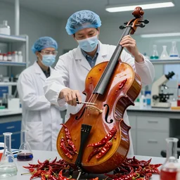 scientists in a laboratory discovering the spiciest musical instrument, breakthrough, eureka, musical instrument, cello, invention, spicy, chilli pepper, hot, muy caliente, insanely detailed and realistic, hyperreal, exciting, discovery, detailed, scientific, revolutionary, celebration, spicy musical instrument, spicy cello