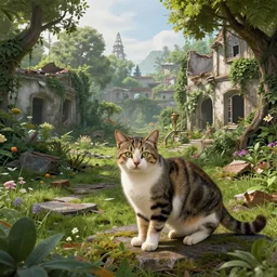 a cat living in a post apocalyptic world, ruines, lush trees and beautiful gardens, remnants of the old civilization that once lived, highly detailed photograph.