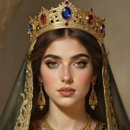 portrait of a stunningly beautiful kurdish queen wearing a beautiful crown, highly detailed, digital painting, artstation, concept art, sharp focus, illustration, art by artgerm and greg rutkowski and alphonse mucha, incredibly beautiful and symmetrical face, incredibly detailed, award winning art, royal
