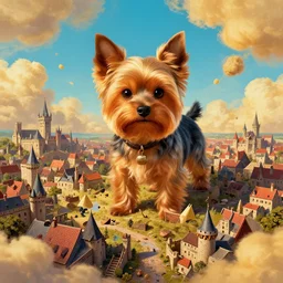 post - minimalism portrait of a giant yorkshire terrier destroying medieval village, bird's eye view, golden clouds, vibrant psychedelic color scheme, highly detailed, in the style of romanticism, cinematic, artstation, moebius, greg rutkowski