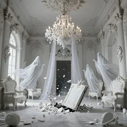 explosion of a Gothic baroque white porcelain room furnished with baroque furniture made of white porcelain and white veils, an intricate chandelier of blown branches forming a cloud, and exploding white porcelain objects, all shattering, a trap door in the floor is the passage to another dimension, beautiful white ghosts with long robes and intricate white jewels float in the room. trending on artstation, sensual gloomy, volumetric clouds, unreal render, depth of field
