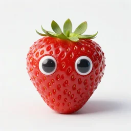 a strawberry with eyes instead of pips, photography.