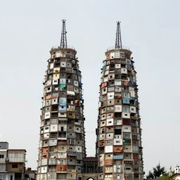 two round towers, made up of makeshift squatter shacks, dystopia, mamiya rb 6 7, fully frontal view, very detailed, photographed by ansel adams