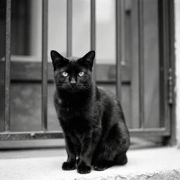 A vintage black and white photo of a black cat sat in front of an iron gate