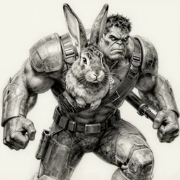 rabbit!!! jim lee!!! medium shot!! flat grayscale ink sketch by jim lee close up in the style of jim lee, dramatic pose swat soldier armor borderlands hulk rabbit animal by jim lee
